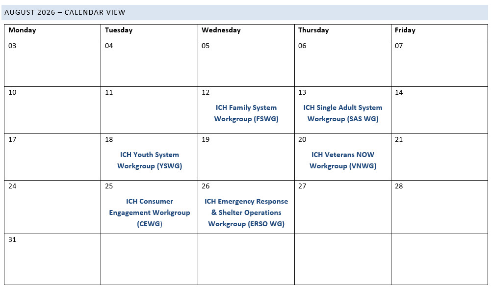 Schedule of ICH Meetings in August 2026
